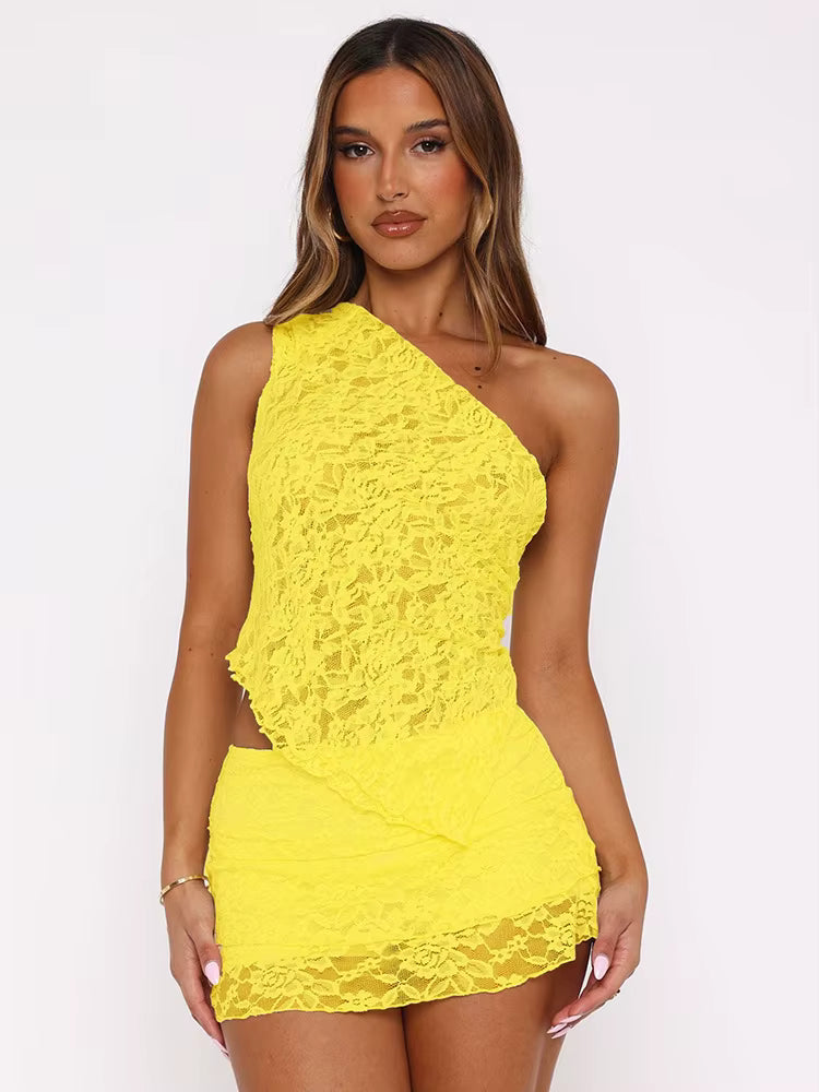 Casual Patchwork Irregular Lace Top And Short Skirt Two-piece Set
