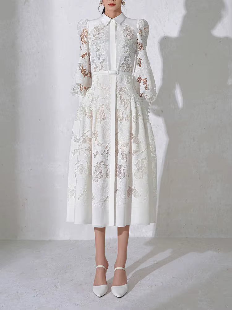 Casual Patchwork Lace Hollow Out Lapel Lantern Sleeve Belt Solid Formal Midi Dress