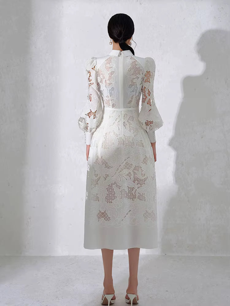Casual Patchwork Lace Hollow Out Lapel Lantern Sleeve Belt Solid Formal Midi Dress