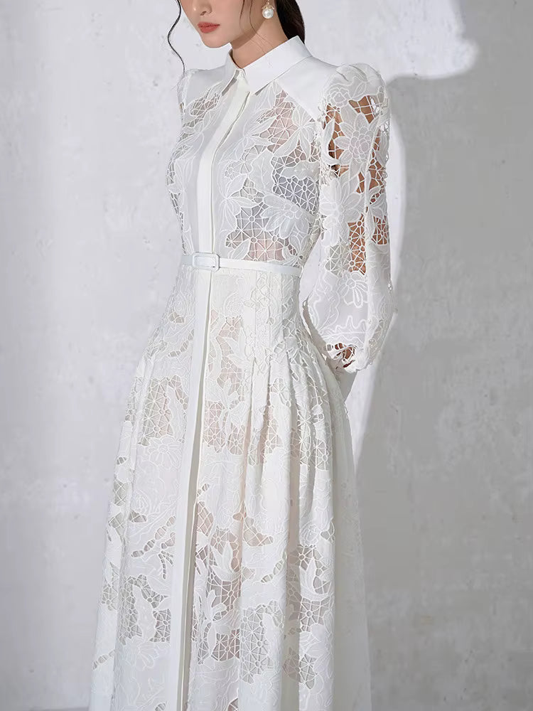 Casual Patchwork Lace Hollow Out Lapel Lantern Sleeve Belt Solid Formal Midi Dress