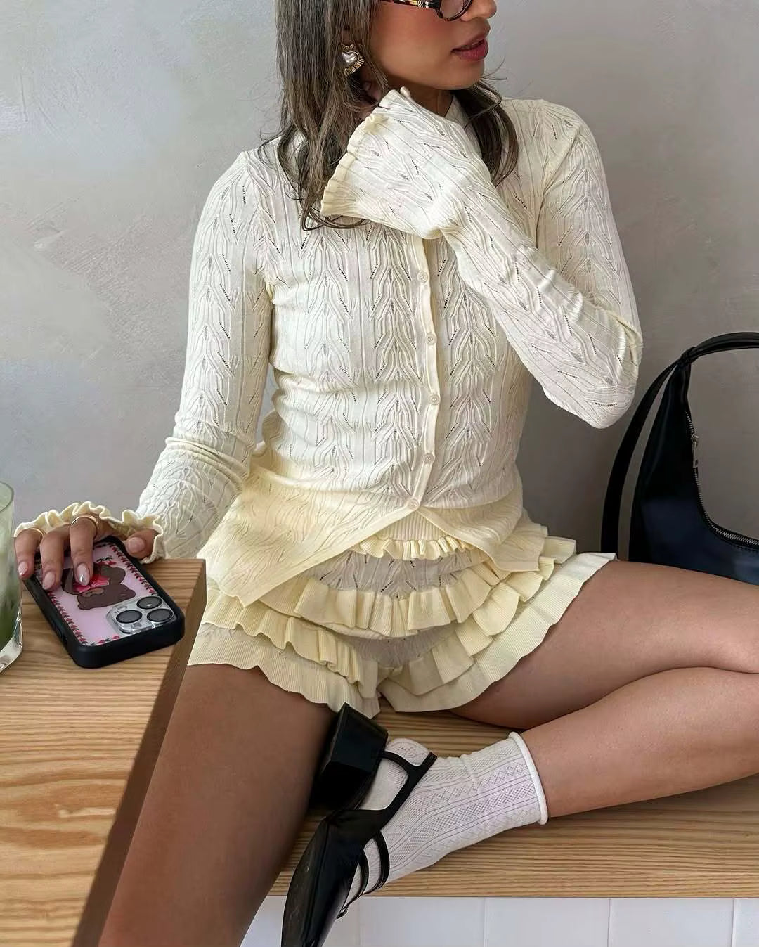 Casual Patchwork Long Sleeve Sweater Cardigan Knit Ruffled 2 Piece-Set