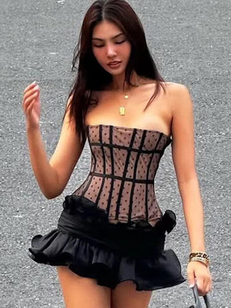 Casual Patchwork Off Shoulder Strapless Tops Ruched Mini Skirts Two Piece Set