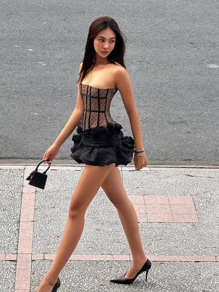 Casual Patchwork Off Shoulder Strapless Tops Ruched Mini Skirts Two Piece Set