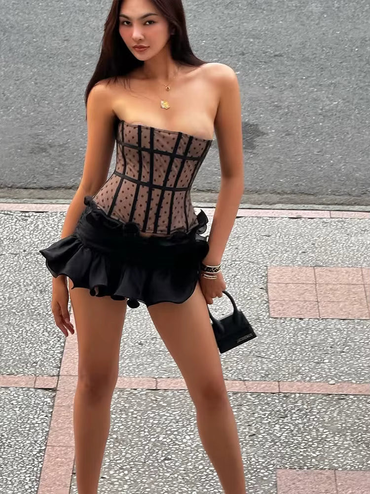 Casual Patchwork Off Shoulder Strapless Tops Ruched Mini Skirts Two Piece Set