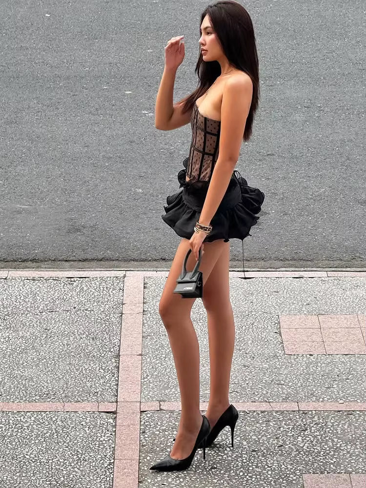 Casual Patchwork Off Shoulder Strapless Tops Ruched Mini Skirts Two Piece Set