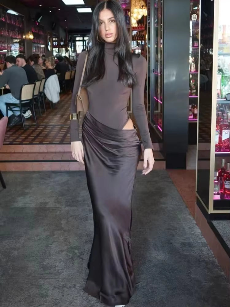Casual Patchwork Satin One Shoulder Sleeveless Maxi Dress