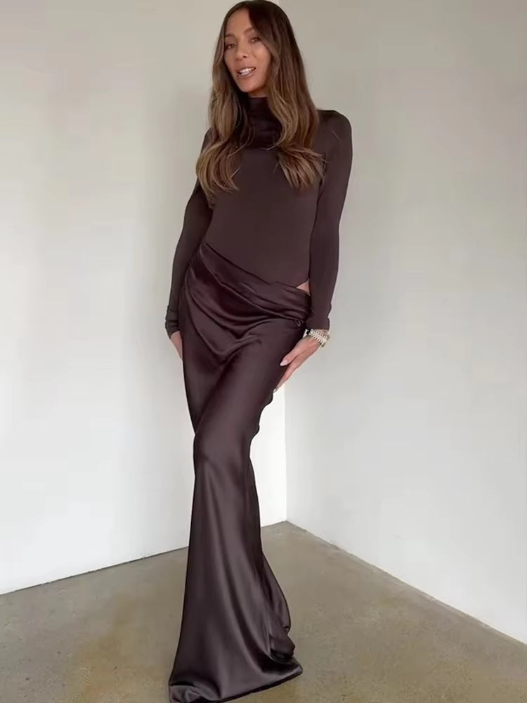 Casual Patchwork Satin One Shoulder Sleeveless Maxi Dress