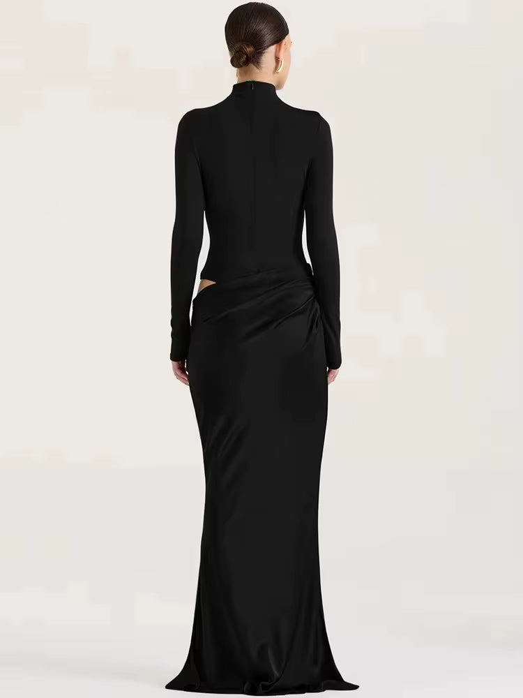 Casual Patchwork Satin One Shoulder Sleeveless Maxi Dress