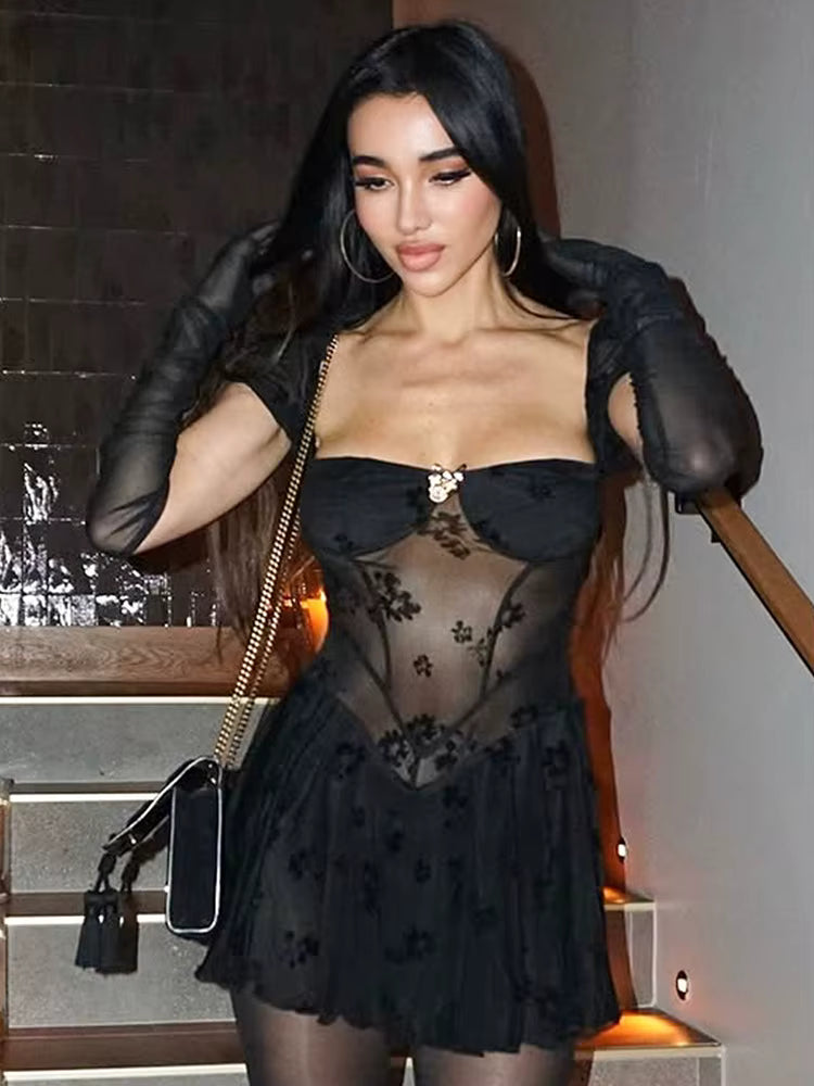 Casual Patchwork Short Sleeve Square Collar Backless High Waist Pleated Lace Mini Dress