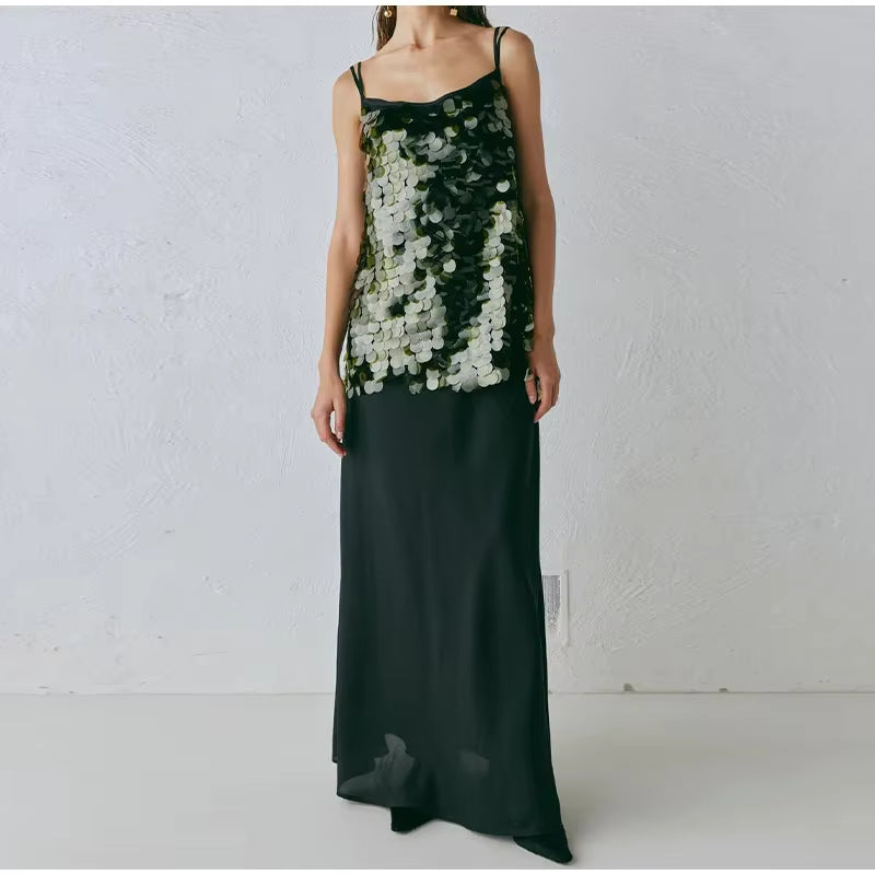 Casual Patchwork Sleeveless Backless Sequin Long Sling Dress