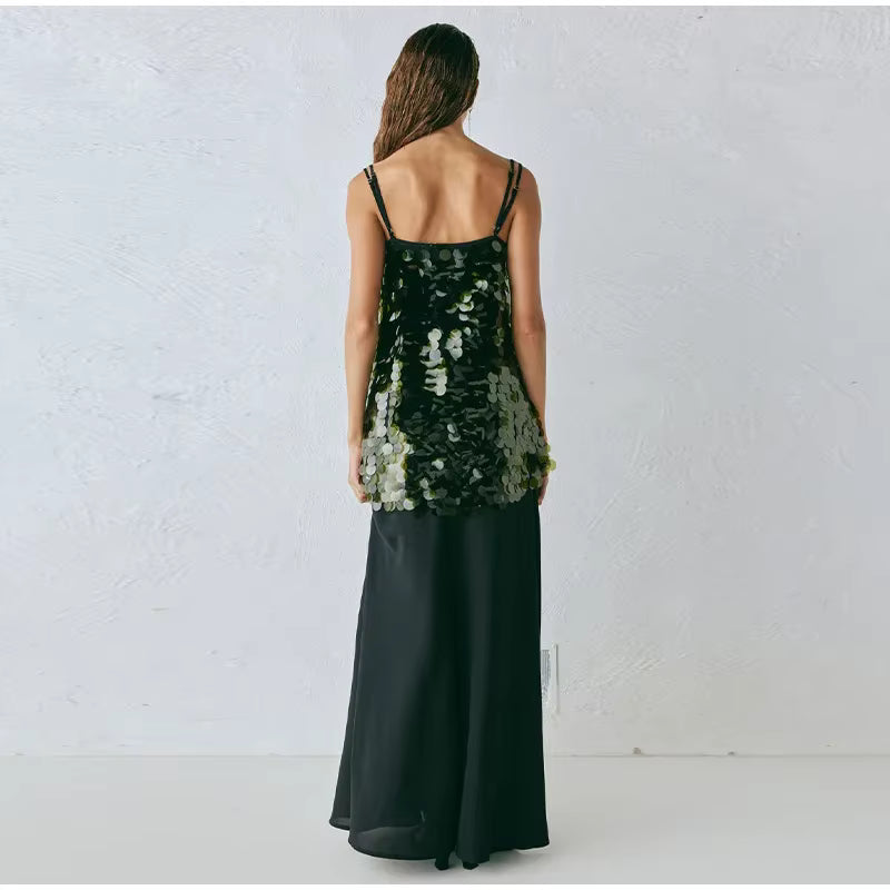 Casual Patchwork Sleeveless Backless Sequin Long Sling Dress