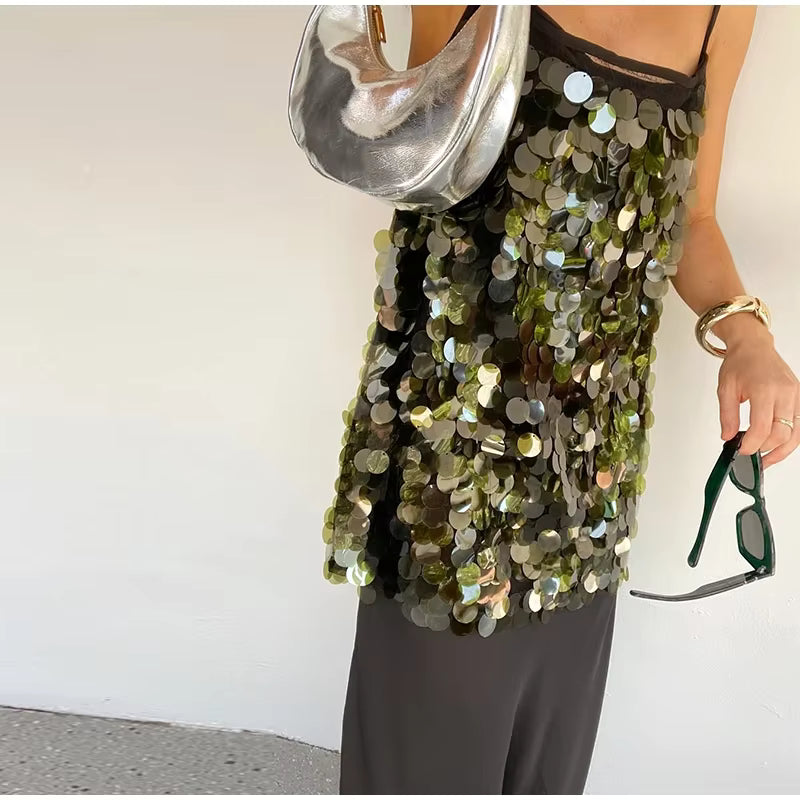 Casual Patchwork Sleeveless Backless Sequin Long Sling Dress