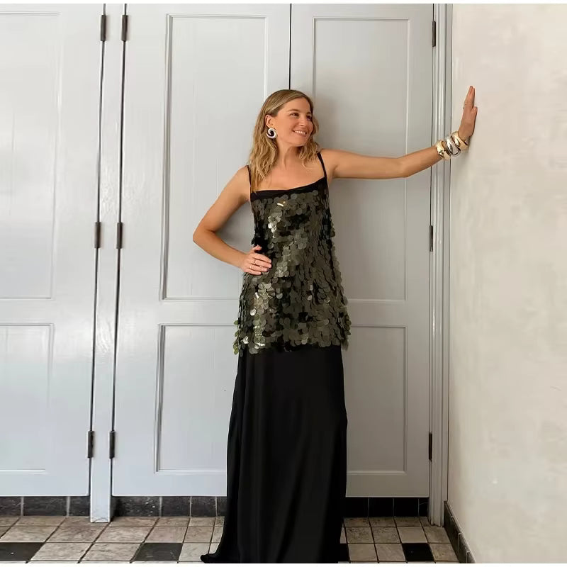 Casual Patchwork Sleeveless Backless Sequin Long Sling Dress