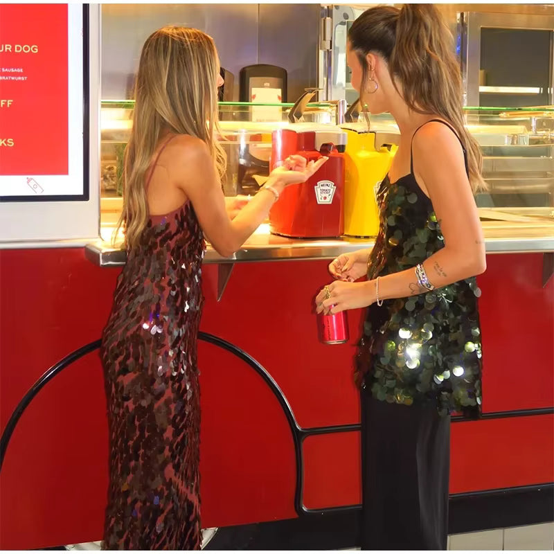 Casual Patchwork Sleeveless Backless Sequin Long Sling Dress