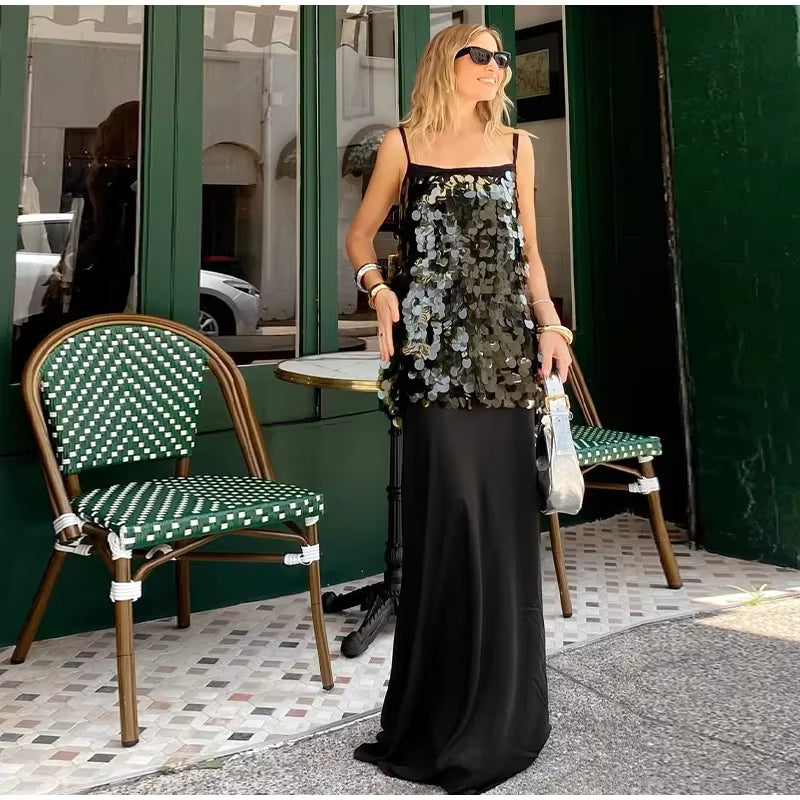 Casual Patchwork Sleeveless Backless Sequin Long Sling Dress