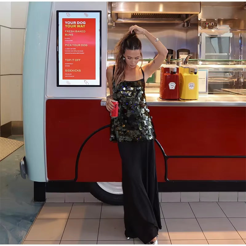 Casual Patchwork Sleeveless Backless Sequin Long Sling Dress