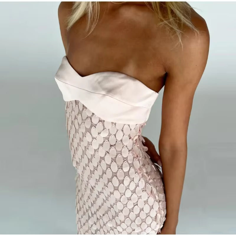 Casual Patchwork Solid Tube Top Backless Sleeveless Sequined Long Dress