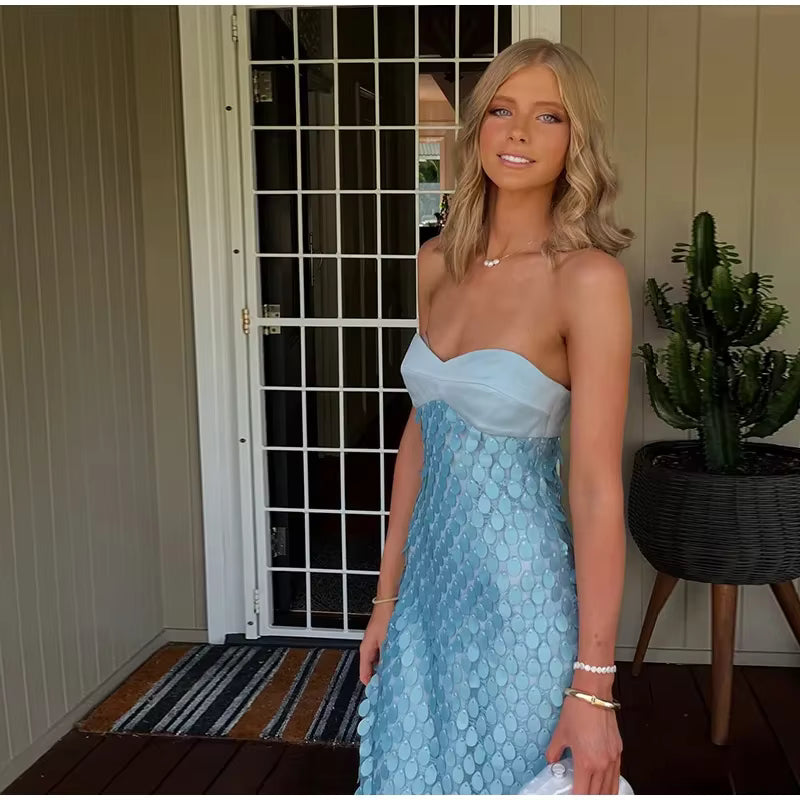 Casual Patchwork Solid Tube Top Backless Sleeveless Sequined Long Dress