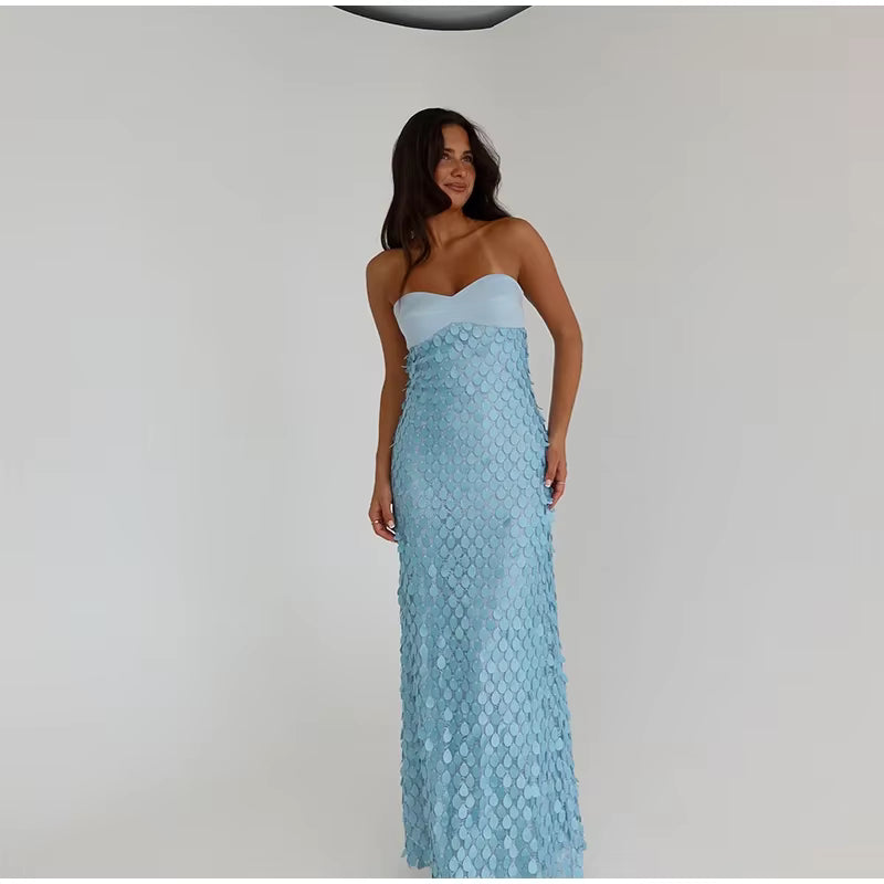 Casual Patchwork Solid Tube Top Backless Sleeveless Sequined Long Dress