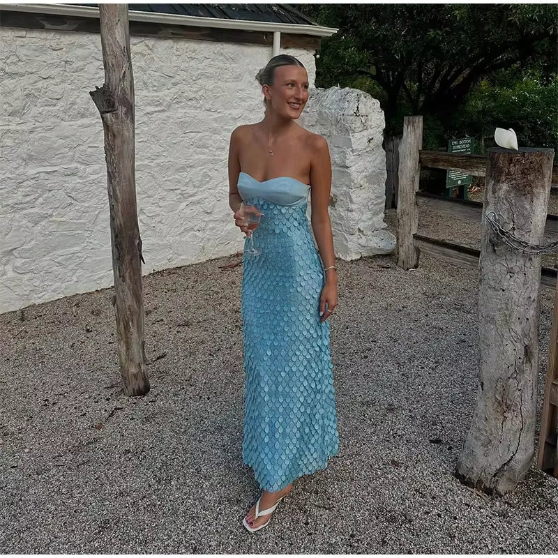 Casual Patchwork Solid Tube Top Backless Sleeveless Sequined Long Dress