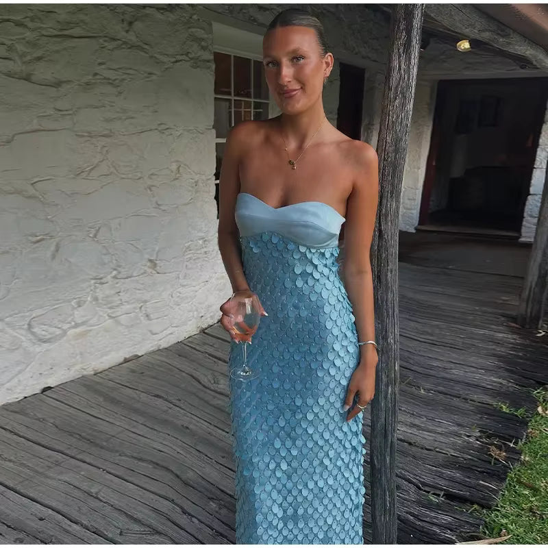 Casual Patchwork Solid Tube Top Backless Sleeveless Sequined Long Dress