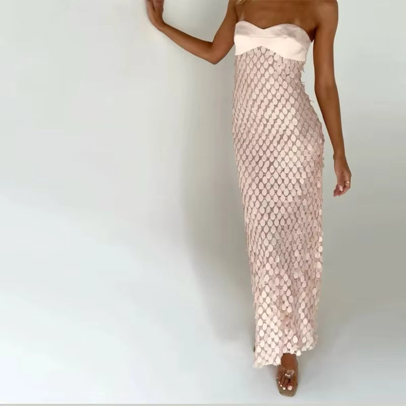 Casual Patchwork Solid Tube Top Backless Sleeveless Sequined Long Dress
