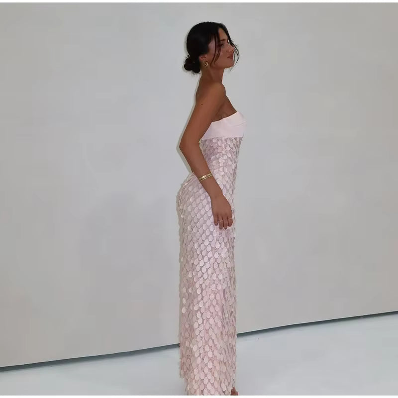Casual Patchwork Solid Tube Top Backless Sleeveless Sequined Long Dress