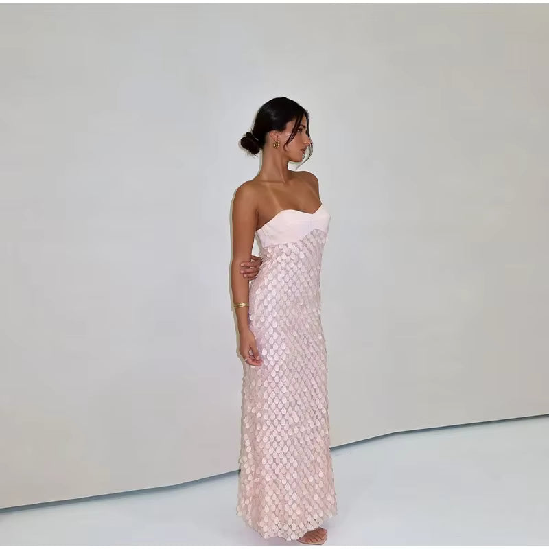 Casual Patchwork Solid Tube Top Backless Sleeveless Sequined Long Dress