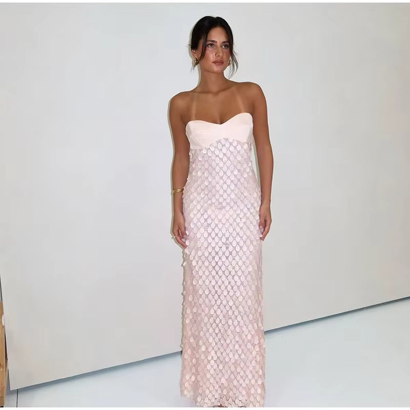 Casual Patchwork Solid Tube Top Backless Sleeveless Sequined Long Dress