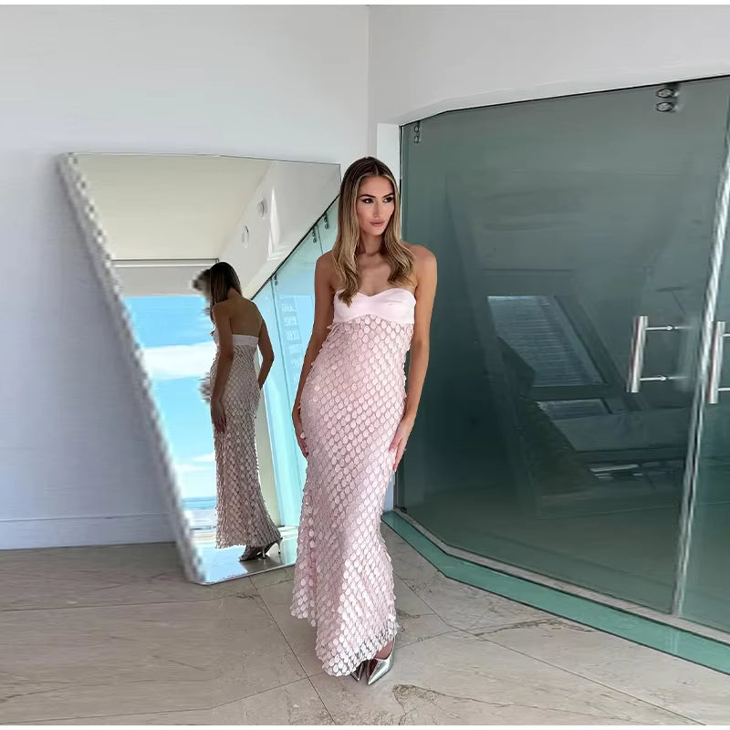 Casual Patchwork Solid Tube Top Backless Sleeveless Sequined Long Dress