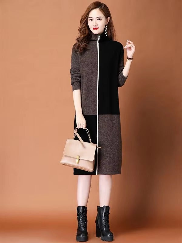 Casual Plaid Turtleneck Thickening Warm Comfort Soft Wool Knit Dress