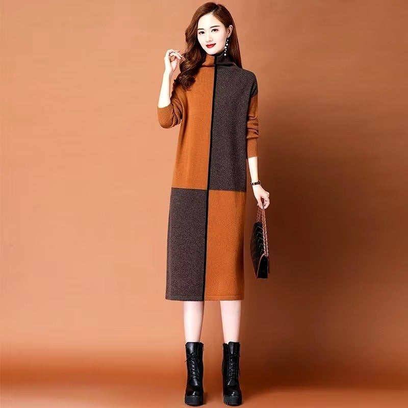 Casual Plaid Turtleneck Thickening Warm Comfort Soft Wool Knit Dress