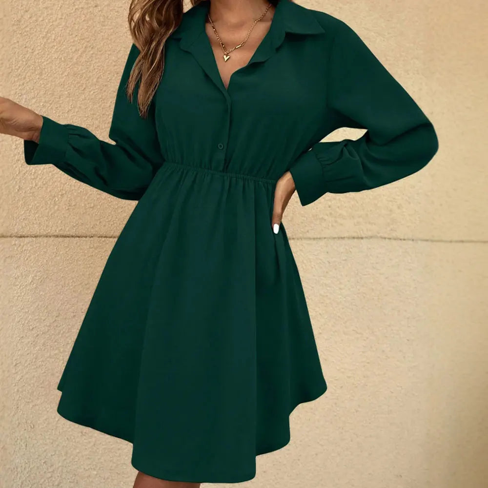 Casual Plain Long Sleeve Shirt Collar A Line Mini Daily Dresses
