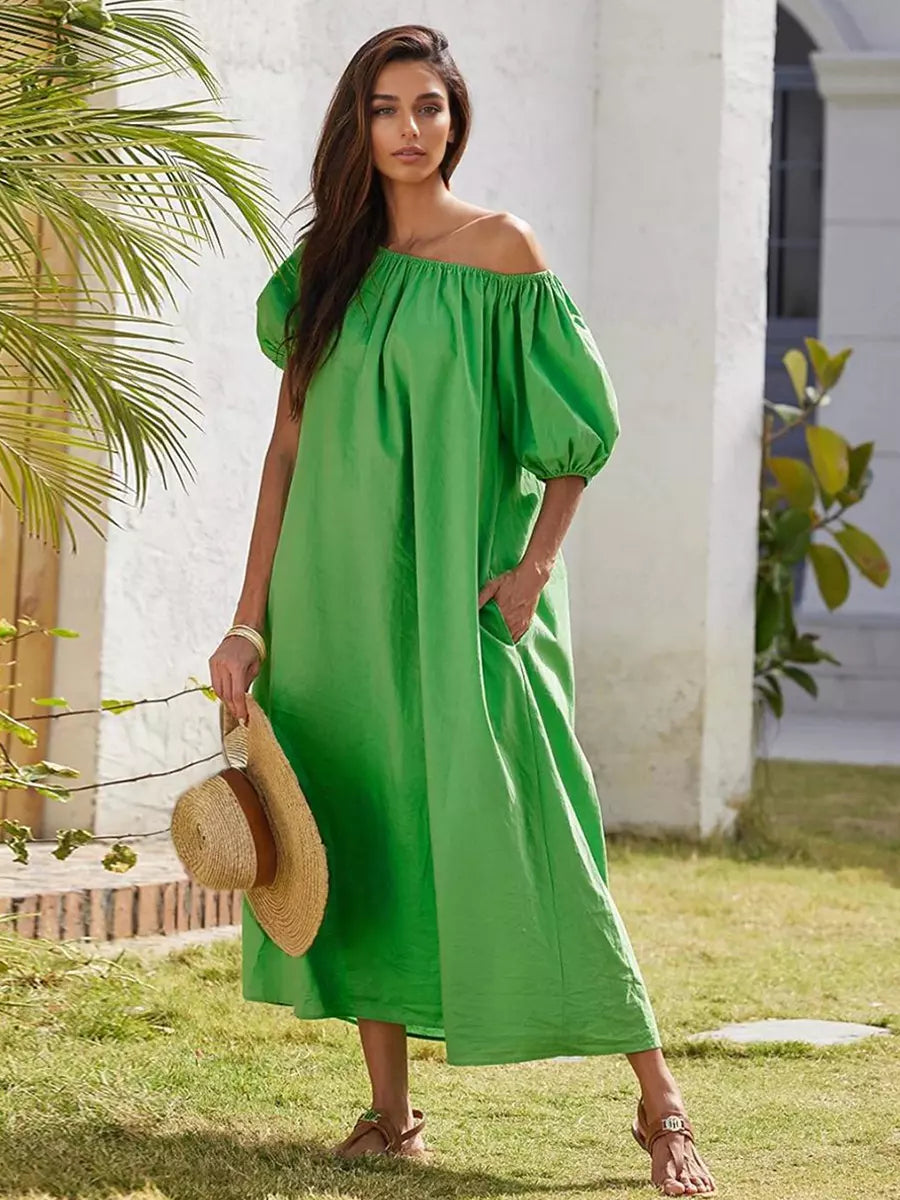 Casual Pleated Bohemian Off-Shoulder Puff Sleeve Shift Maxi Dress