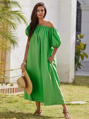 Casual Pleated Bohemian Off-Shoulder Puff Sleeve Shift Maxi Dress