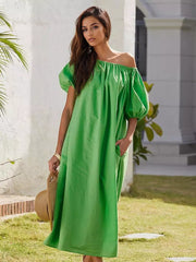 Casual Pleated Bohemian Off-Shoulder Puff Sleeve Shift Maxi Dress