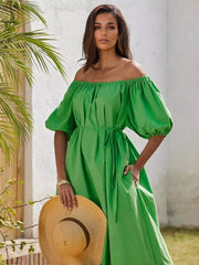 Casual Pleated Bohemian Off-Shoulder Puff Sleeve Shift Maxi Dress