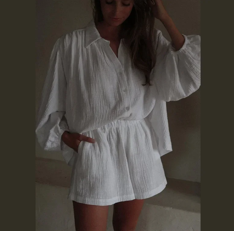 Casual Pleated Long Sleeve Button Turn-Down Collar Short Suits