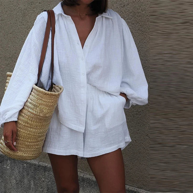 Casual Pleated Long Sleeve Button Turn-Down Collar Short Suits