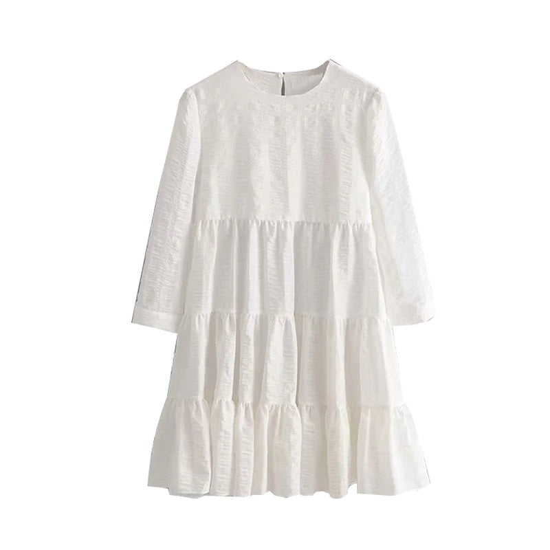 Casual Pleated O Neck Three Quarter Sleeve Mini Dresses
