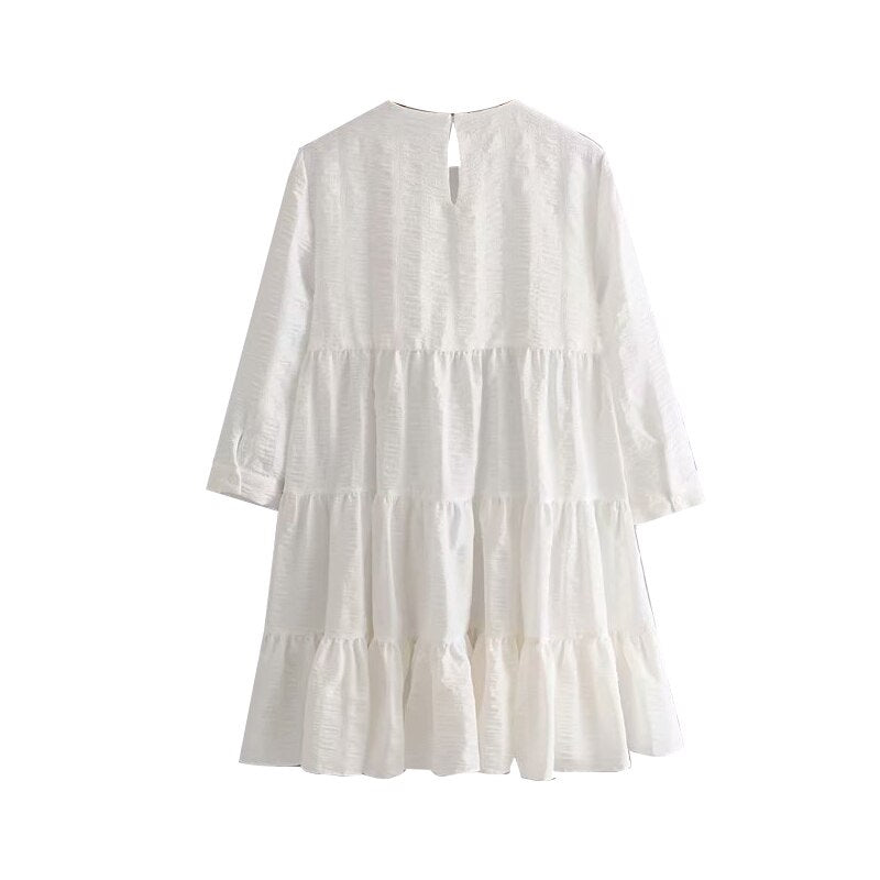 Casual Pleated O Neck Three Quarter Sleeve Mini Dresses
