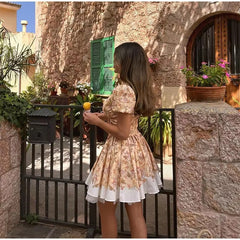 Casual Pleated Patchwork Puff Sleeve Printing Mini Dress