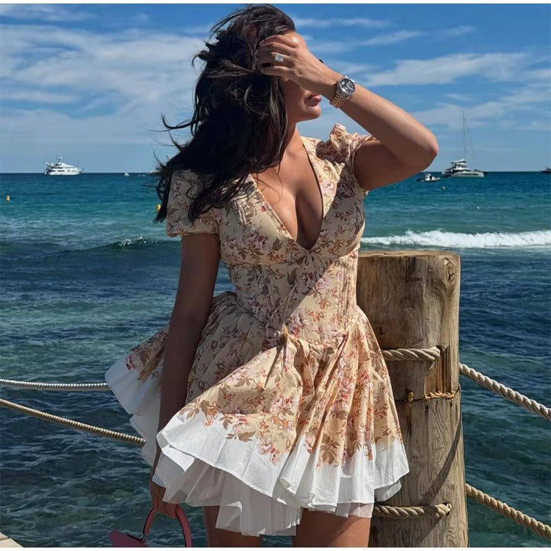 Casual Pleated Patchwork Puff Sleeve Printing Mini Dress