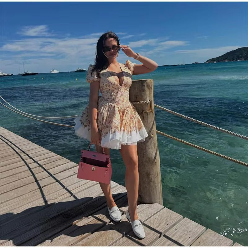 Casual Pleated Patchwork Puff Sleeve Printing Mini Dress