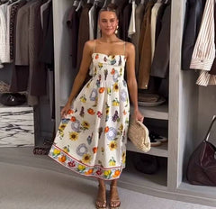 Casual Pleated Robe Print Strap Sleeveless Backless Loose Midi Dress