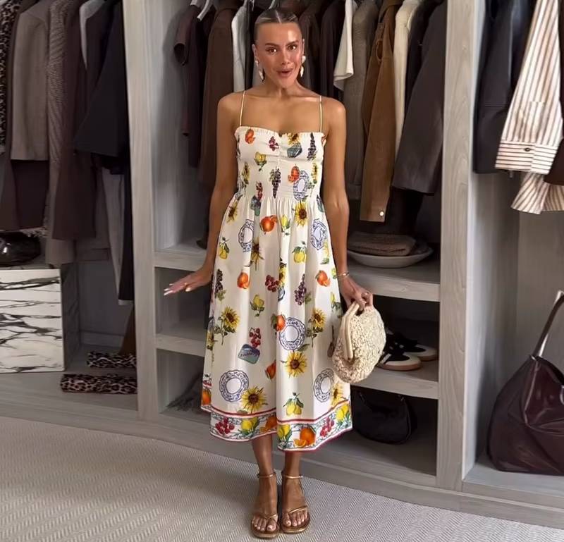 Casual Pleated Robe Print Strap Sleeveless Backless Loose Midi Dress