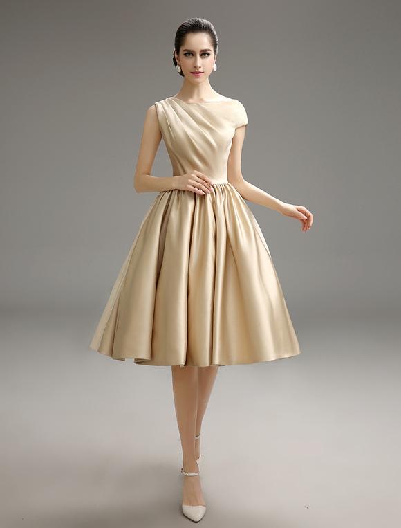 Casual Pleated Satin Fabric Cocktail Knee-Length Dress