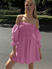 Casual Pleated Slash Neck Short Sleeve Loose Cotton Mini Dress