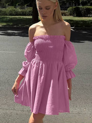 Casual Pleated Slash Neck Short Sleeve Loose Cotton Mini Dress