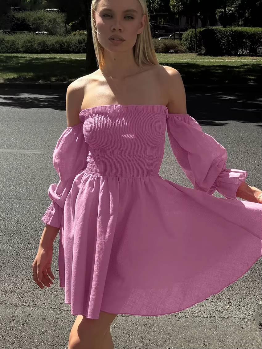 Casual Pleated Slash Neck Short Sleeve Loose Cotton Mini Dress